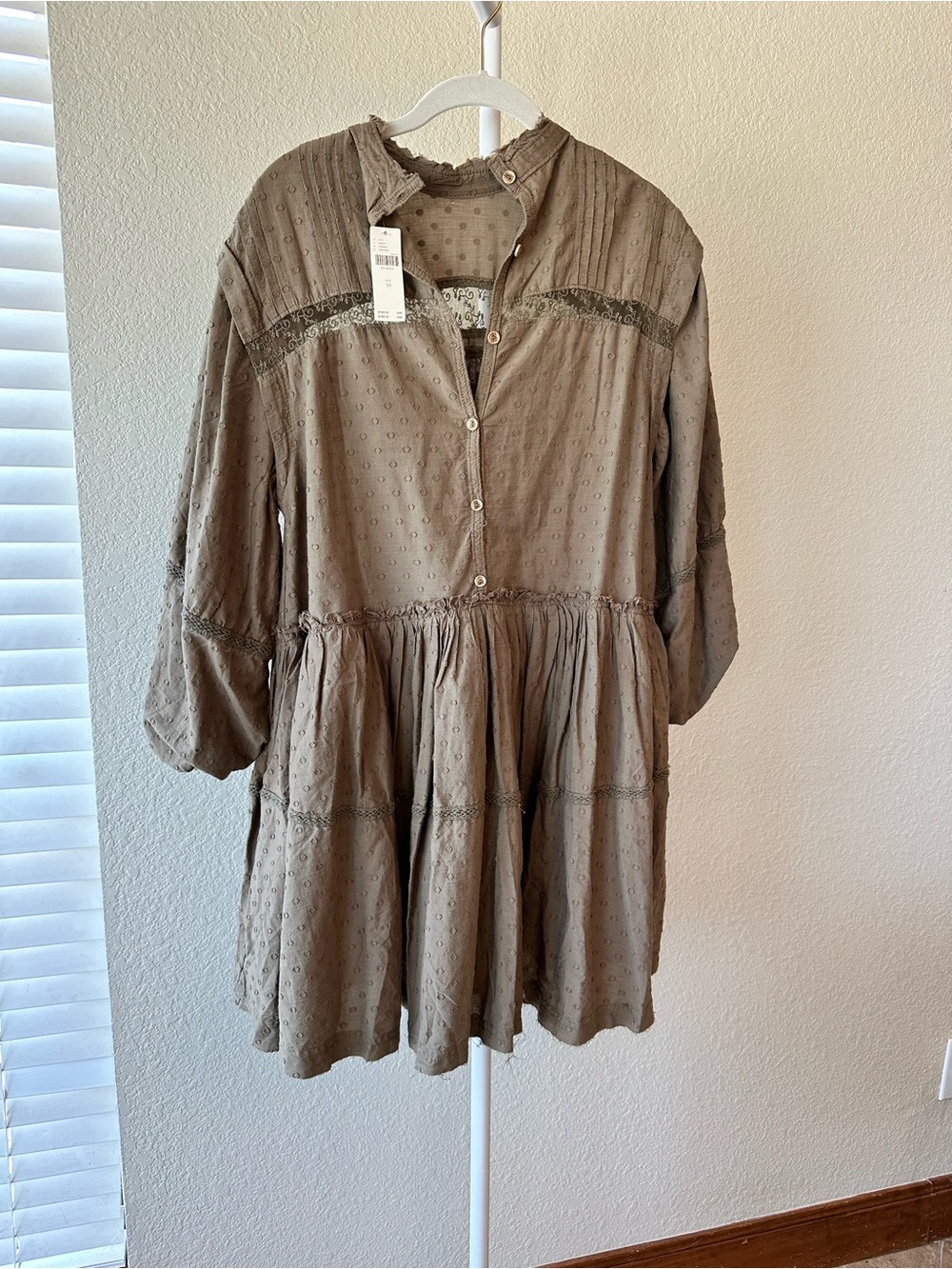 Anthropologie Pilcro long sleeve mock neck swing mini dress green 100% cotton XS